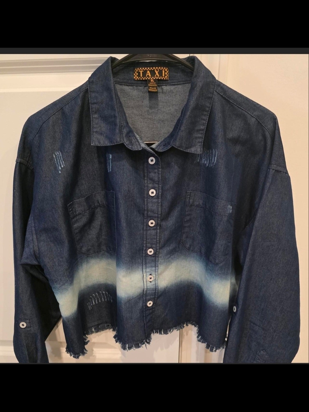 TAXI Cropped Distressed Denim Blouse Dark Blue with Faded Band